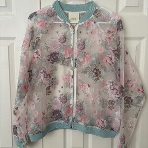 Maeve Anthropologie Sheer Floral Bomber Jacket Pink Sage Medium